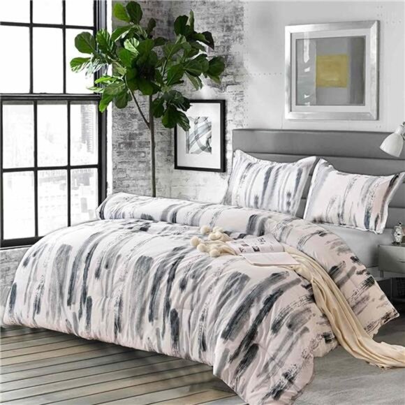 Queen Comforter Set 3pc, Art Grey White Printed Pattern Reversible Down - Picture 1 of 7